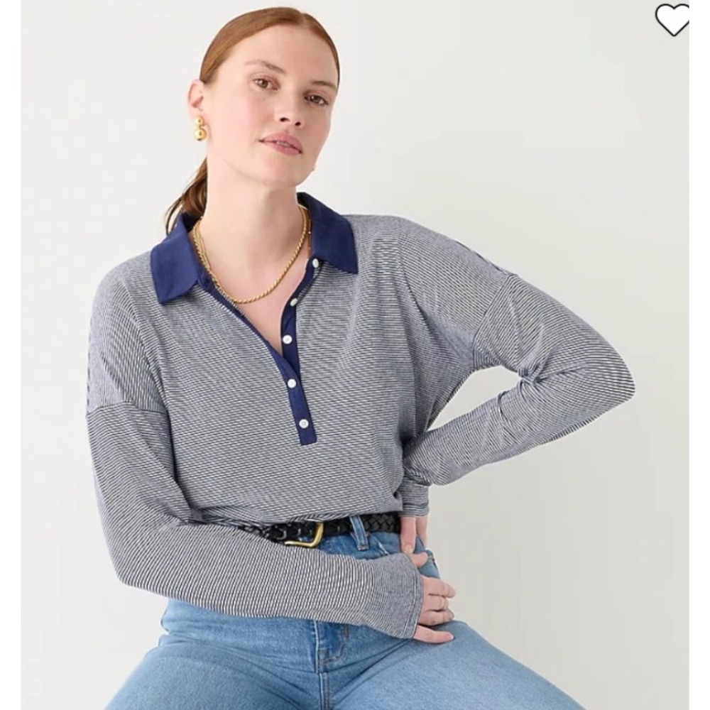 J.Crew Polo Top Women XS Blue Striped Stretch Linen Long Sleeve Preppy‎ BP051